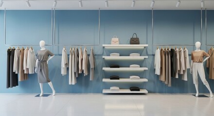 A modern boutique interior showcasing women's apparel and accessories on display