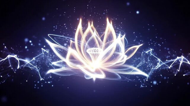 Glowing Lotus Flower Radiating Light with Intricate Lines and Sparkles in Dark Background for Meditation and Spiritual Content