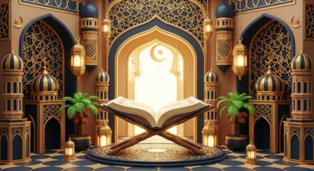 Ornate Islamic sanctuary with open holy book on stand, glowing lanterns, crescent moon