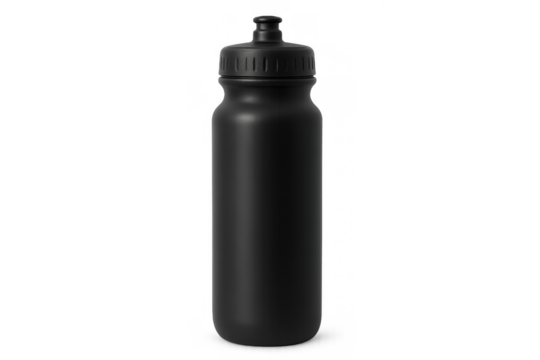 Black sports water bottle with a push-pull cap, representing hydration, fitness, and health on a transparent background