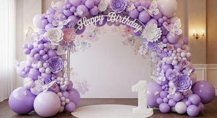 Lavish purple balloon arch with 'Happy Birthday' text, flowers, butterflies, and numeral 1