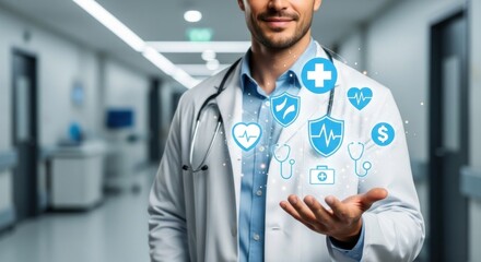 Doctor holds health icons in hospital corridor, representing medical care & insurance
