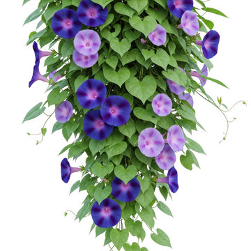 Vibrant morning glory flowers cascading downwards with lush green leaves detailed botanical study isolated on transparent background
