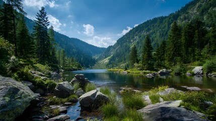 Tranquil alpine lake rests nestled between densely forested mountain slopes under a bright sky