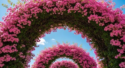 Multiple floral arches adorned with vibrant pink blossoms against a bright blue sky