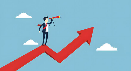 Ambitious businessman with telescope riding upward arrow, envisioning business growth and success, strategic vision and future opportunities on the horizon