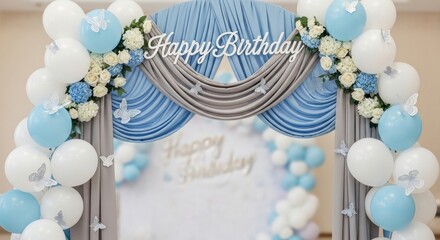 Elegant blue & white birthday arch balloons, drapes, flowers, butterflies, 'Happy Birthday'