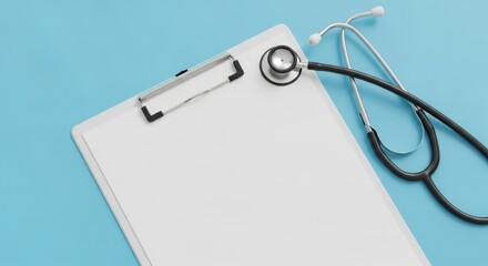 Healthcare concept white clipboard with stethoscope on blue backdrop