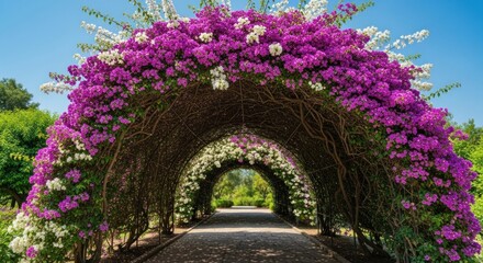 Stunning floral tunnel features vibrant purple and white blossoms in a sunny garden