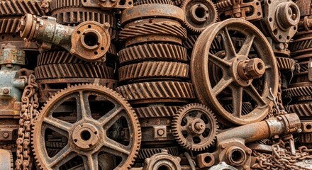 Weathered, heavily rusted gears, wheels, and various old metal machine components