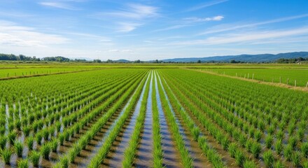 Lush green rice paddies stretch to a distant horizon under a blue sky