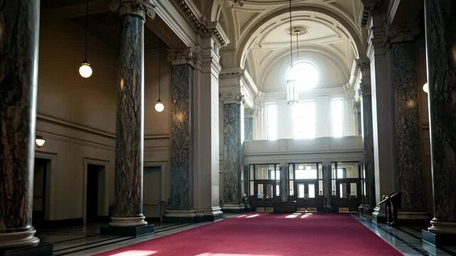 Elegant Interior of a Grand Hall with Marble Columns and Natural