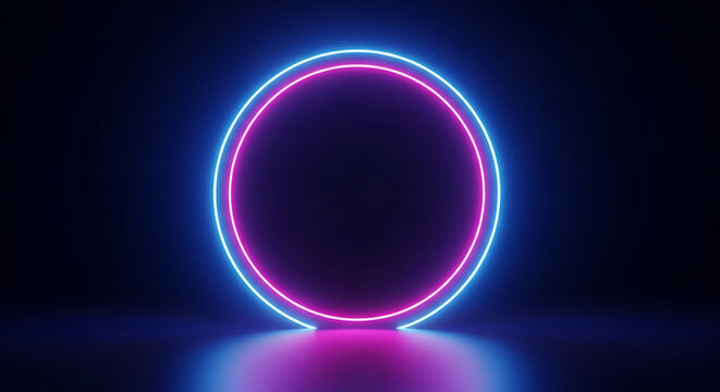 3D render of glowing blue and pink neon round frame, circle ring shape with empty space, ultraviolet light 80s retro style, abstract futuristic fashion show stage background. - Powered by Adobe