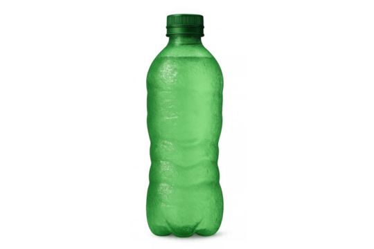Green plastic soda bottle with water drops, a cold refreshing carbonated beverage on transparent background