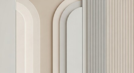 Abstract architectural rendering with layered neutral tones and vertical ribbed paneling
