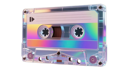 A vintage audio cassette tape with a white label sits isolated, an obsolete analogue object of retro music recording technology