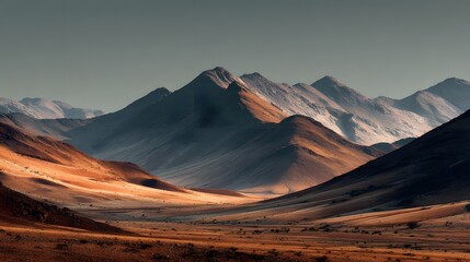 Naklejka premium Dramatic mountainous landscape features sunlit slopes and distant peaks under a pale sky