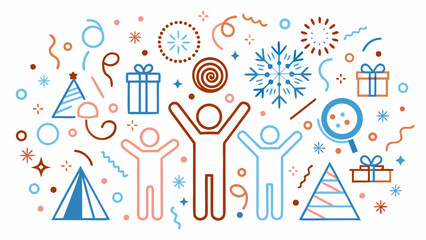 Festive celebration with stylized people, gifts, confetti, and party themed decorations scattered around