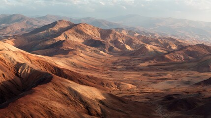 Fototapeta premium Expansive view across dry, arid mountain ranges under a hazy sky