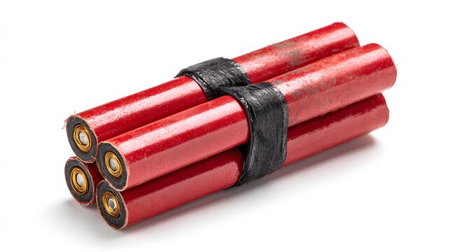 Group of four red cylindrical firecrackers bound together with black tape against a white background