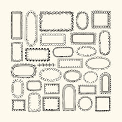 Doodle Coastal Frame Set, Hand Drawn Colorful Border Collection with Square, Arch, and Rectangle Shapes, Retro Empty Banner, Poster, Placard, Postal Stamp Decoration