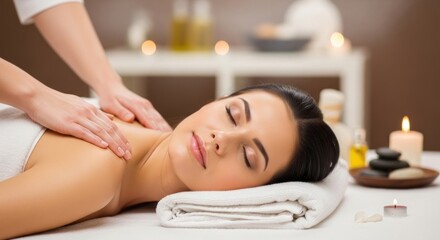 Fototapeta premium Young woman enjoys a relaxing back massage in a serene spa setting with candles