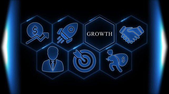 Business Growth Icons in Hexagonal Grid on Dark Background