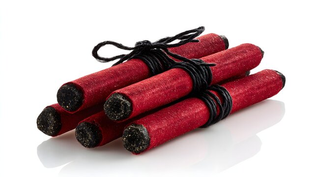 Bundle of cylindrical red objects wrapped tightly with black twine sits isolated on a white background