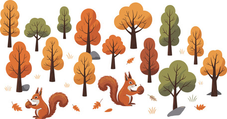 Whimsical autumn forest illustration with cute squirrels holding nuts, colorful fall trees, falling leaves, and woodland nature scene design © Md Nayim islam