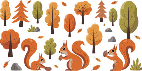 Whimsical autumn forest illustration with cute squirrels holding nuts, colorful fall trees, falling leaves, and woodland nature scene design © Md Nayim islam