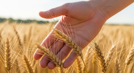Golden hour hand touching mature wheat ears in a vast, sun-drenched grain field