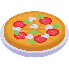 Round Pizza With Red Slices White Mushrooms And Green Leaves On A White Plate Transparent Background