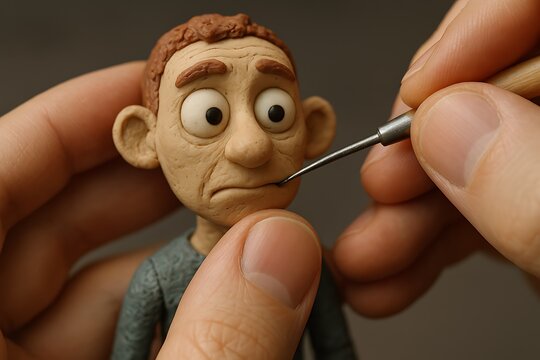 Artist Hands Detailing Clay Character's Face with Sculpting Tool
