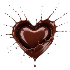 Delicious chocolate heart shape splashing with glossy reflections and droplets isolated on transparent background