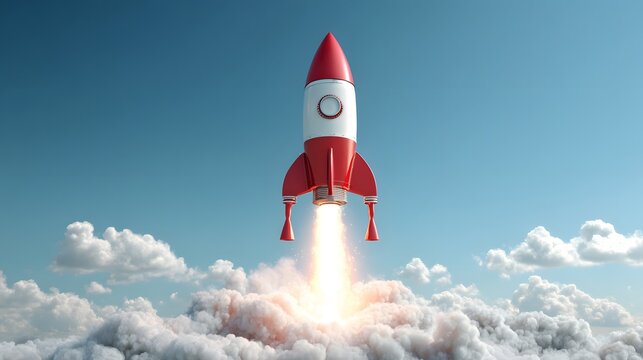 Retro style spaceship blasts off through bright clouds into clear blue sky