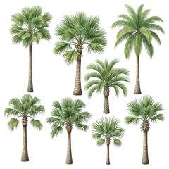 Fototapeta premium Collection of diverse palm trees tropical flora botanical elements for design projects isolated on transparent background