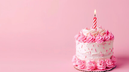 Small pink birthday cake on pink background
