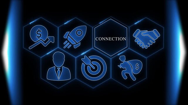 Business Icons in Hexagons with the Word CONECTION