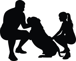 Silhouette family with dog, man woman pet bonding, people animal companionship, love care affection, outdoor lifestyle illustration, human animal connection