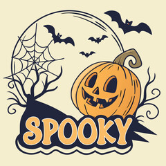 Spooky Halloween Design with Jack-o'-Lantern, Bats, and Moon