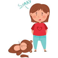 Sad Young Girl With A Broken Teddy Bear Expressing Apology With A Sorry Speech Bubble Overhead In A Simple Clean Illustration With A Transparent Background