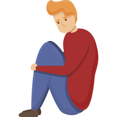 Sad Young Man Sitting In Crouched Position Wearing Red Sweater And Blue Jeans With Orange Hair On Transparent Background