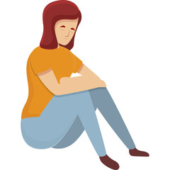 Sad Young Woman Sitting Down Looking Downward Depressed Mood Orange T Shirt Blue Jeans Casual Outfit Transparent Background Simple Flat Design Vector Illustration