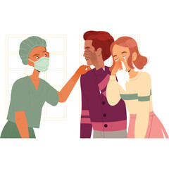 Sad Couple Being Comforted By A Masked Person In A Green Uniform With A Transparent Background, The Couple Is Crying And Covering Their Faces, Expressing Grief And Sadness