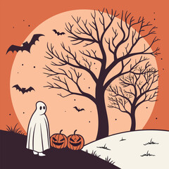 Cartoon Halloween Scene with Ghost, Bats, and Pumpkins Vector Illustration.