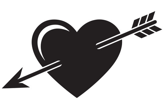 Heart and arrow love silhouette icon on white and black background
