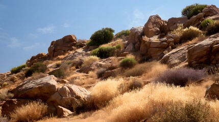 Dry, arid hillside featuring large, weathered boulders and sparse vegetation under a bright blue sky