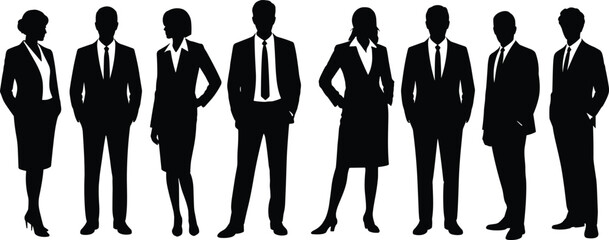 Business professionals silhouettes, corporate team illustration, office staff lineup, leadership concept, teamwork design, businesspeople group, executive vector, modern workplace art