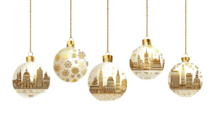 golden ornaments with cityscape and christmas theme festive holiday balls urban skyline reflection decoration isolated on white background