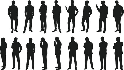 Businessman silhouette set, male figure poses, standing people vector, office man icons, corporate design, talking gestures, modern illustration